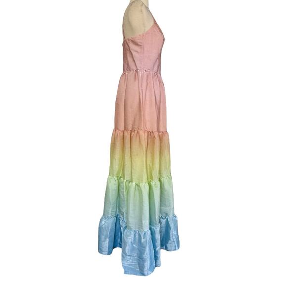 YUMI KIM Sullivan Tiered Maxi Dress Rainbow Ombré Dreamy Shiny Satin Sz M NEW - Picture 6 of 11